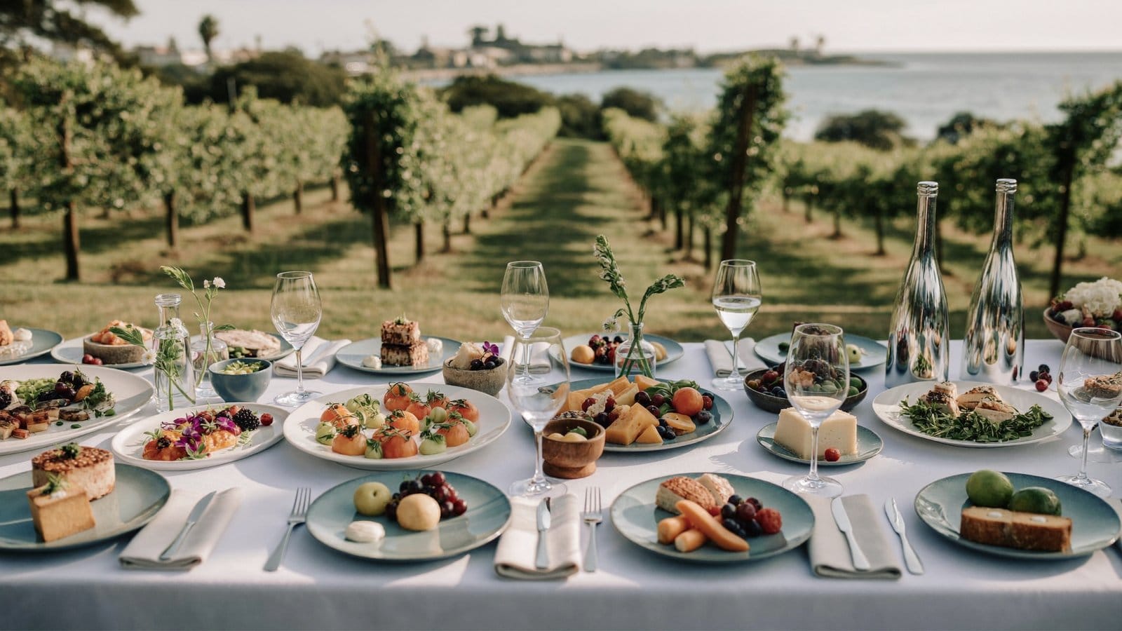 Elegant wedding catering display at a Bay Area vineyard