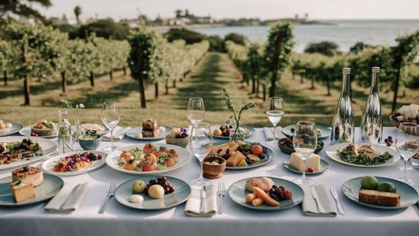Elegant wedding catering display at a Bay Area vineyard