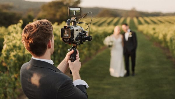 Wedding videographer filming a couple at a Bay Area vineyard