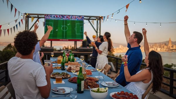 World Cup 2026 watch party on a San Francisco Bay Area rooftop terrace at golden hour